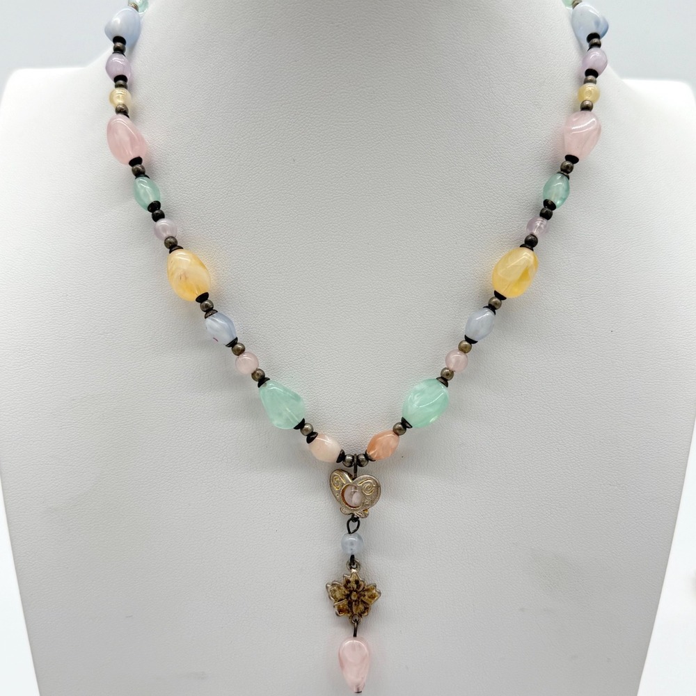 Vintage Pastel Lucite Beaded‎ Necklace Floral Drop Heart Pendant